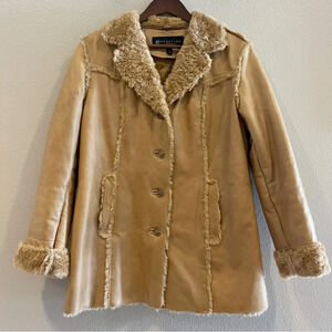 Kenneth Cole Reaction Tan Leather Jacket with Faux Fur Trim